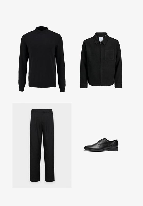 Giacca nera con zip, colletto e una tasca sul petto, mostrata su sfondo bianco.; Maglione nero lavorato a maglia con colletto alto, maniche lunghe e polsini e orlo a costine, caratterizzato da una texture liscia e una silhouette classica.; Pantaloni neri realizzati in tessuto liscio, caratterizzati da un taglio dritto, due pieghe frontali e una vita standard con passanti per la cintura.; Scarpe eleganti in pelle nera con texture liscia, punta arrotondata e design con lacci a quattro occhielli. Presentano un tacco basso impilato e dettagli cuciti.