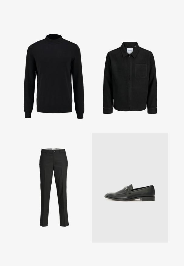 Black zip-up jacket with collar and single chest pocket, displayed on white background.; Black knit sweater with a high collar, long sleeves, and ribbed cuffs and hem, featuring a smooth texture and classic silhouette.; Black trousers, tailored fit, smooth fabric, mid-rise waist, front button closure, diagonal pockets, and crease detailing down the legs.; Black leather loafer with a smooth finish, featuring a stitched design and a decorative metal chain accent across the vamp. Flat heel.