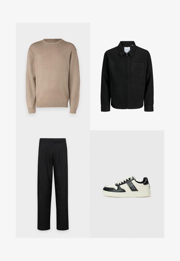 Black zip-up jacket with collar and single chest pocket, displayed on white background.; Beige knitted sweater with a round neck, long sleeves, and ribbed cuffs and hem; smooth texture with a uniform pattern.; Black trousers made of smooth fabric, featuring a straight-leg design, two front pleats, and standard waistband with belt loops.; Leather sneakers with a black and cream color scheme, featuring perforated accents, a padded collar, and a textured outsole.