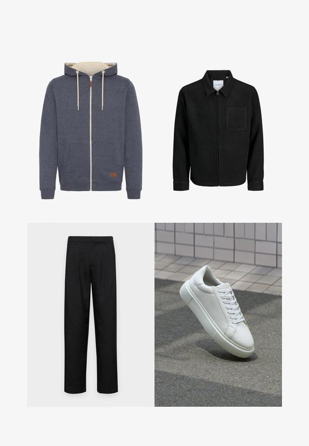 Svart zip-jacka med krage och en enda bröstficka, visad på vit bakgrund.; Dragkedjetröja i mörkblått tyg med krämfärgad insida. Har en framficka, beige dragkedjor och en logotelapp i brunt läder.; Svarta byxor i slät väv, med rak ben-design, två framfickor och standardmidja med bälteshällor.; Vit lädersneaker med en slät yta, rund tå och platta vita snören. Har en texturerad gummisula och minimalistiska designelement.