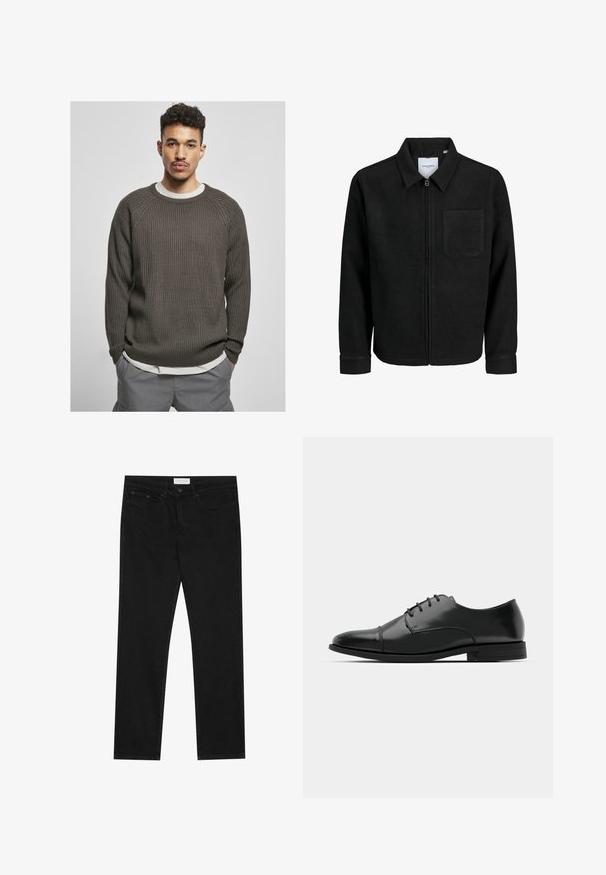 Black zip-up jacket with collar and single chest pocket, displayed on white background.; Dark brown ribbed sweater with a round neckline and raglan sleeves, layered over a white shirt. The texture appears soft and cozy.; Black straight-leg jeans with five-pocket design, button and zip fly closure, and a Pier One brand label on the waistband.; Black leather dress shoe with a rounded toe, lace-up design, subtle stitching details, and a low heel. Smooth texture with polished finish.