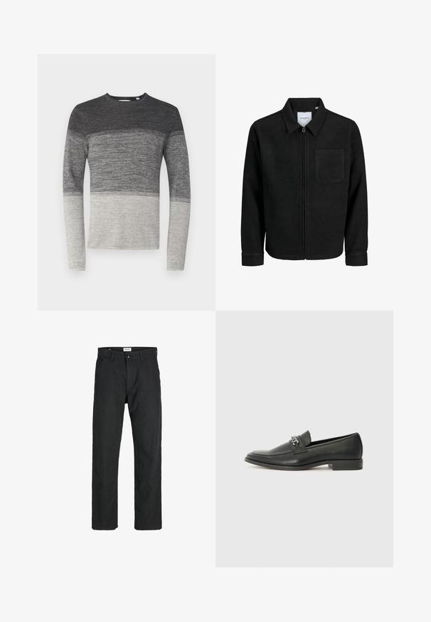 Zwarte zip-up jas met kraag en enkele borstzak, weergegeven op een witte achtergrond.; Grijze lange mouwen trui met een kleurblokontwerp. Heeft een gebreide structuur, die overgaat van donkergrijs naar lichtgrijs aan de onderkant.; Zwarte broeken gemaakt van duurzame stof, met een recht gesneden ontwerp, gestikte accenten en twee voorzakken voor functionaliteit.; Zwarte leren instapper met een gladde afwerking, voorzien van een gestikt ontwerp en een decoratieve metalen kettingaccent over de wreef. Platte hak.