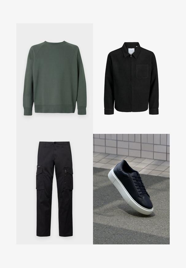 Chaqueta negra con cremallera y cuello, con un solo bolsillo en el pecho, expuesta sobre un fondo blanco.; Sudadera de crewneck oscura verde lisa con mangas largas, puños acanalados y dobladillo recto, mostrada desde atrás sobre un fondo blanco.; Pantalones cargo negros con múltiples bolsillos, un bolsillo con cremallera en el muslo, corte recto y tejido de algodón resistente con un ligero brillo.; Zapatilla de cuero negro con punta redonda y suela de goma blanca. Presenta cordones planos y un mínimo de costuras en la parte superior. Suela texturizada para proporcionar agarre.