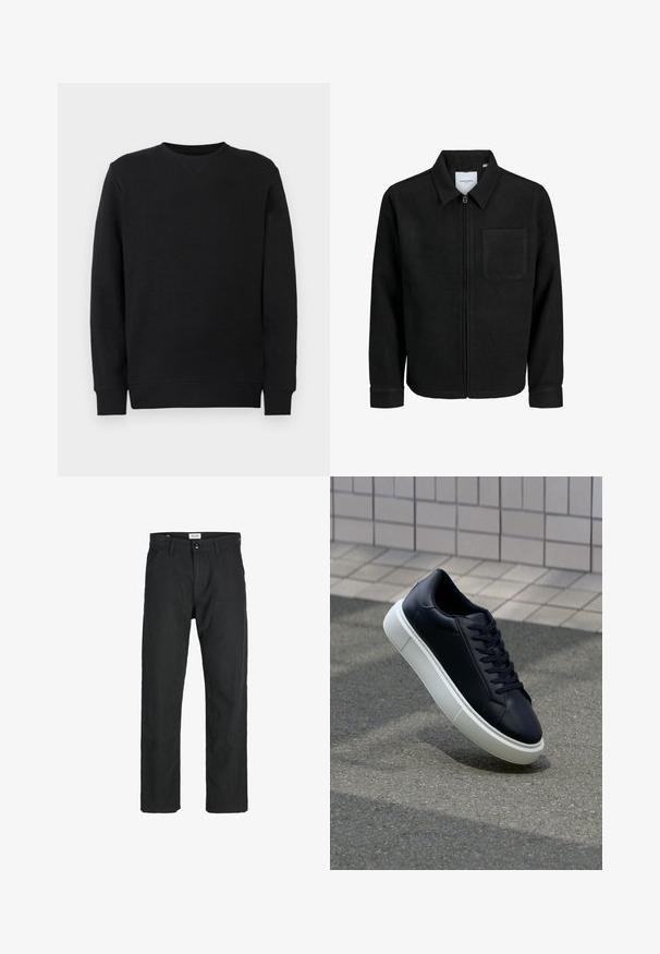 Czarna kurtka z zamkiem na całej długości, z kołnierzem i jedną kieszenią na piersi, umieszczona na białym tle.; Czarna bluza z okrągłym dekoltem, z długimi rękawami, z prążkowanymi mankietami i dołem, prezentowana na jednolitym białym tle.; Czarne spodnie wykonane z trwałego materiału, z prostym krojem nóg, przeszyciami i dwiema przednimi kieszeniami dla funkcjonalności.; Czarne skórzane sneakersy z okrągłym noskiem i białą gumową podeszwą. Posiadają płaskie sznurowadła i minimalne przeszycia na cholewce. Teksturowana podeszwa zapewnia przyczepność.