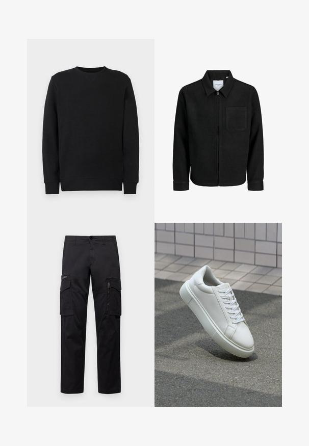 Mustaga lukuga jakker, millel on krae ja üks rinna-tasku, esitatud valgel taustal.; Must musta, millel on pikad varrukad, soonikkoesed ja äär, on välja pandud lihtsa valge tausta ees.; Mustad mustree püksid, millel on mitu taskut, lukuulukuga tasku reie peal, sirge lõige ja tugevast puuvillast materjal, millel on kerge läige.; Valge nahkline sneka, millel on sile pind, ümar varvas ja lame valge pael. Omab tekstuuriga kummist talla ja minimaalset kujunduselementi.