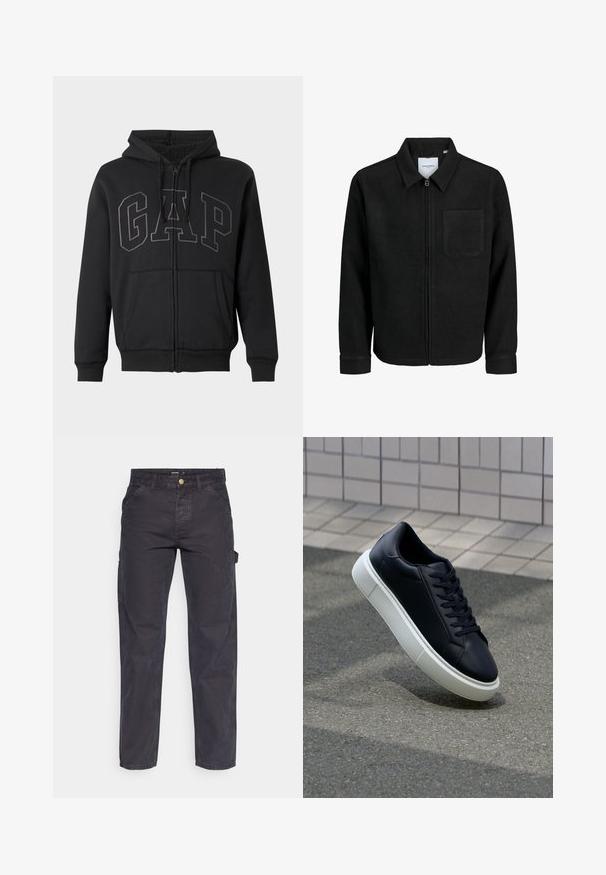 Giacca nera con zip, colletto e una tasca sul petto, mostrata su sfondo bianco.; Felpa nera con zip, tasche frontali, cappuccio con cordini e grande logo "GAP" ricamato sul petto, foderata internamente in morbido pile.; Pantaloni cargo grigio scuro realizzati in tessuto resistente, con un taglio dritto, cinque tasche e chiusura a bottoni in vita.; Sneaker in pelle nera con punta arrotondata e suola in gomma bianca. Presenta lacci piatti e cuciture minime sulla parte superiore. Suola testurizzata per una migliore aderenza.