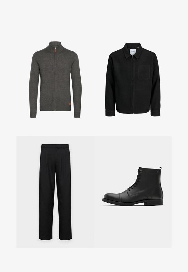 Giacca nera con zip, colletto e una tasca sul petto, mostrata su sfondo bianco.; Felpa grigia con zip e colletto alto, texture a coste e un piccolo accento in pelle in basso a sinistra. Maniche lunghe e design aderente.; Pantaloni neri realizzati in tessuto liscio, caratterizzati da un taglio dritto, due pieghe frontali e una vita standard con passanti per la cintura.; Stivaletti in pelle nera con punta arrotondata, design con lacci e suola piatta in gomma. Presentano cuciture minimali e un'asola sul tallone.