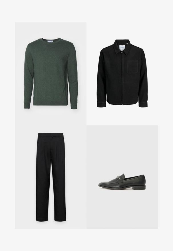 Fekete, zipzáros dzseki gallérral és egyetlen mellzsebbel, fehér háttéren.; Zöld crew neck pulóver texturált kötött anyagból készült. Hosszú ujjakkal és bordázott mandzsettákkal, valamint aljjal rendelkezik, ami karcsú megjelenést biztosít.; Fekete nadrág sima anyagból, egyenes szárú fazonnal, két elülső redővel és közönséges derékkal, övhurkokkal.; Fekete bőr loaferek sima felülettel, varrott mintával és díszítő fém lánccal a cipő elején. Lapos sarok.