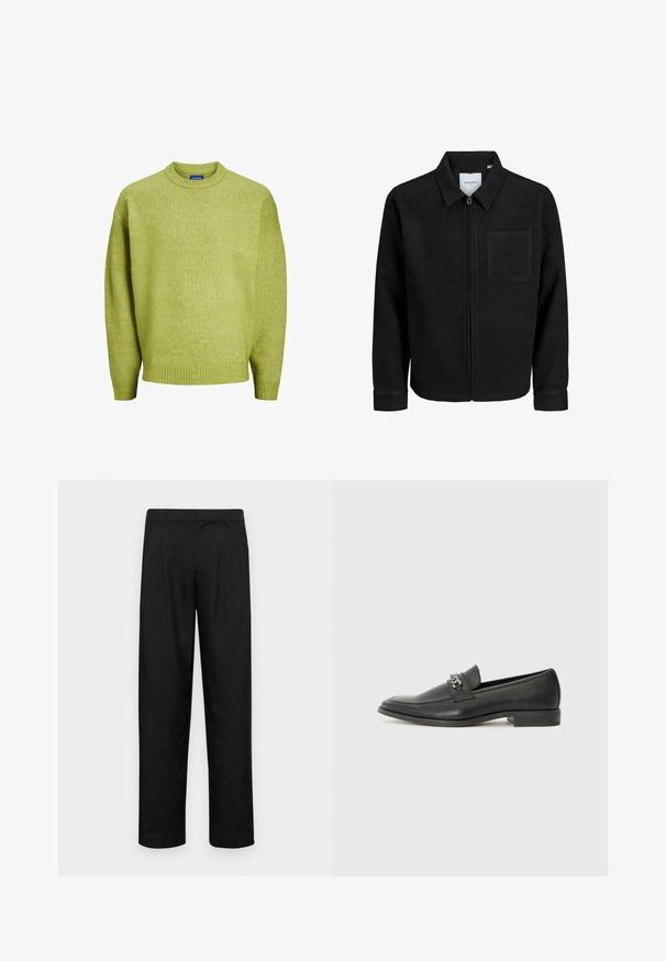 Giacca nera con zip, colletto e una tasca sul petto, mostrata su sfondo bianco.; Jack & Jones JOROLLIE CREW NECK - Maglione - lima bean green; Pantaloni neri realizzati in tessuto liscio, caratterizzati da un taglio dritto, due pieghe frontali e una vita standard con passanti per la cintura.; Mocassino in pelle nera con finitura liscia, caratterizzato da un design cucito e da un accento decorativo in catena metallica sul vamp. Tacco piatto.