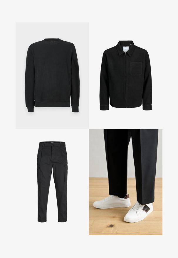 Černá zipová bunda s límečkem a jednou kapsou na hrudi, vystavená na bílém pozadí.; Černý dlouhý svetr s pleteným vzorem, kulatým výstřihem a přiléhavými manžetami, vyfocený na bílém pozadí.; Černé cargo kalhoty vyrobené z odolné tkaniny, s mnoha kapsami, knoflíkovým zapínáním a slim fit střihem se zúženými nohavicemi.; Bílé tenisky s hladkým povrchem, s hnědými koženými akcenty a černými detaily, kombinované s černými kalhotami na míru. Pozadí tvoří dřevěná podlaha.