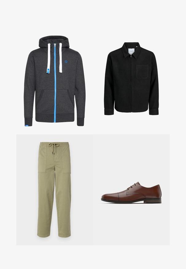 Jachetă neagră cu fermoar, cu guler și un singur buzunar pe piept, expusă pe fundal alb.; Hanorac gri cu fermoar, cu șnururi albe, fermoar albastru și logo. Dispune de buzunare frontale și manșete și tiv ribbate. Fabricat dintr-un material texturat.; Pantaloni de culoare verde măslin deschis, confecționați dintr-un amestec de bumbac, cu un tiv elastic și șnur, și două buzunare laterale mari.; Pantofii de piele de culoare maro, cu un finisaj neted, vârf rotund și design cu trei orificii pentru șireturi. Au un tocul scăzut și o talpă texturată.