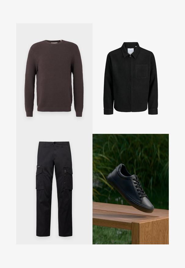 Melna jaka ar rāvējslēdzēju un apkakli, vienu krūšu kabatu, parādīta uz baltas fona.; Tumši brūns ribots adījums ar garām piedurknēm un pielāgotiem aprocēm.; Melnas cargo bikses ar vairākiem kabatām, ar rāvējslēdzēju kabatu uz augšstilba, taisnu piegriezumu un izturīgu kokvilnas audumu ar vieglu spīdumu.; Melnas ādas sporta apavi ar gludu tekstūru, apaļu purngalu un plakanu šņorēšanu, novietoti virs koka virsmas ar zaļām zālēm fonā.