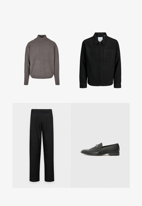 Musta vetoketjullinen takki, jossa on kaulus ja yksi rintatasku, esitelty valkoista taustaa vasten.; Harmaa poolopaita, joka on valmistettu pehmeästä, teksturoidusta neuloksesta. Rento leikkaus, pitkät hihat sekä ribbaatut hihansuut ja helma.; Mustat housut, jotka on valmistettu sileästä kankaasta, suoran lahkeen muotoilulla, kahdella etupleekillä ja tavanomaisella vyötäröllä, jossa on vyölenkit.; Musta nahkakengät, joissa on sileä pinta, koristeelliset ompeleet ja metalliketjun yksityiskohta kengän päällä. Littee korko.