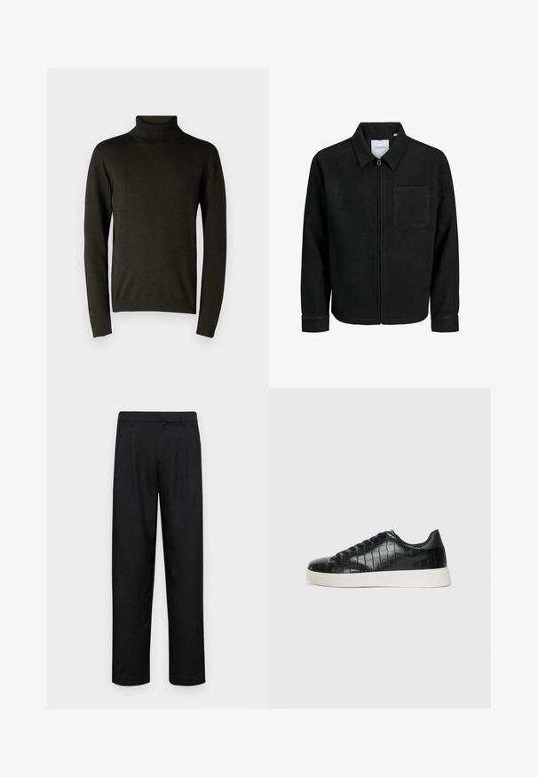 Čierna zipsová bunda s golierom a jednou náprsníkou, vystavená na bielom pozadí.; Tmavo zelený rolák vyrobený z mäkkej pleteniny, s dlhými rukávmi a rebrovanými manžetami a lemom. Hladká textúra s minimálnym zdobením.; Čierne nohavice vyrobené z hladkej tkaniny, s rovnými nohavicami, dvoma prednými skladmi a štandardným pásom s pútkami na opasok.; Čierne tenisky s textúrovaným kroko-embosovaným koženým zvrškom, zaoblenou špičkou a kontrastnou bielou gumovou podrážkou s hladkým povrchom.
