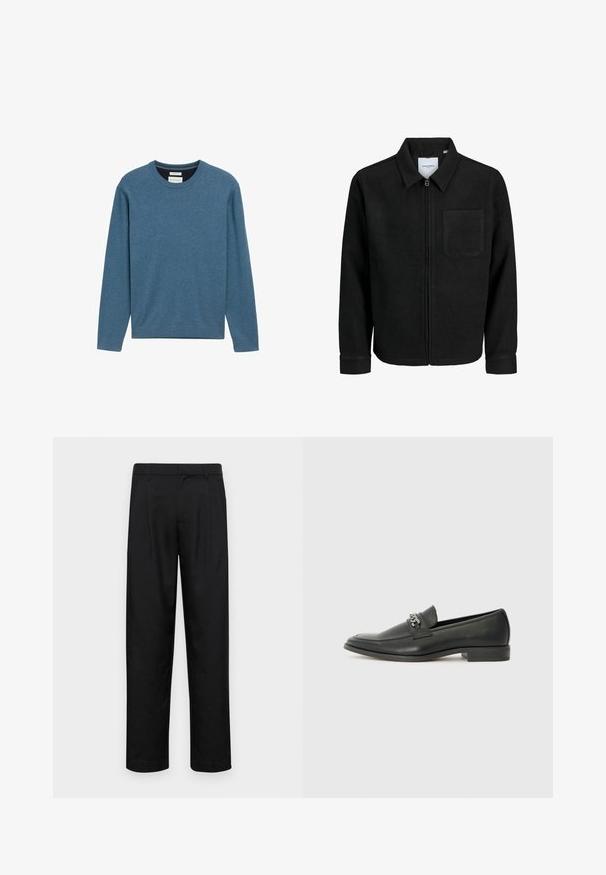 Giacca nera con zip, colletto e una tasca sul petto, mostrata su sfondo bianco.; Felpa blu a girocollo realizzata in morbido cotone, con maniche lunghe, polsini e orlo ribattuti, e un piccolo dettaglio del logo sul davanti.; Pantaloni neri realizzati in tessuto liscio, caratterizzati da un taglio dritto, due pieghe frontali e una vita standard con passanti per la cintura.; Mocassino in pelle nera con finitura liscia, caratterizzato da un design cucito e da un accento decorativo in catena metallica sul vamp. Tacco piatto.