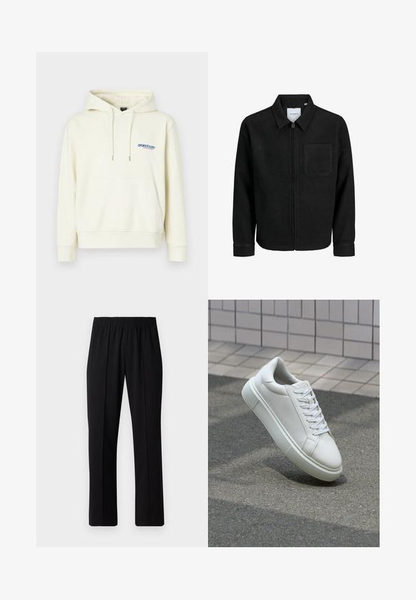 Zwarte zip-up jas met kraag en enkele borstzak, weergegeven op een witte achtergrond.; Crème-kleurige hoodie met een voorzak, een trekkoordcapuchon en een blauw logo op de borst. Zacht materiaal met een relaxed fit en geribde manchetten.; Zwarte, elastische broek met rechte pijpen, met een gladde textuur en zonder zichtbare patronen of hardware.; Witte leren sneaker met een glad oppervlak, ronde neus en platte witte veters. Voorzien van een gestructureerde rubberen zool en minimale ontwerpelementen.