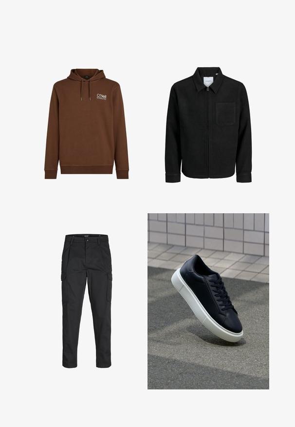 Melna jaka ar rāvējslēdzēju un apkakli, vienu krūšu kabatu, parādīta uz baltas fona.; Brūns džemperis ar kapuci, ar baltu logo augšējā kreisajā pusē. Izgatavots no mīksta auduma ar ribotām piedurknēm un apakšmalu.; Melnas kravas bikses, izgatavotas no izturīga auduma, ar vairākiem kabatām, pogu aizdari un šaura piegriezuma dizainu ar sašaurinātiem kāju apakšiem.; Melnas ādas kedas ar noapaļotu pirkstu un baltu gumijas zoli. Iespējas - plakanas šņorītes un minimāla apdare augšdaļā. Struktūrēta zole, lai nodrošinātu saķeri.