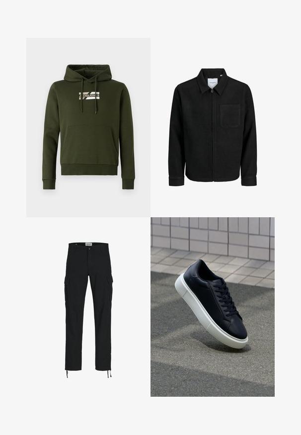 Mustaga lukuga jakker, millel on krae ja üks rinna-tasku, esitatud valgel taustal.; Õlivihmane kapuutsiga sviiter, mis on valmistatud pehmest kangast, ees on tasku, soonilised varrukad ja nöörid, rinnal valge logo.; Mustad mustad püksid sirge lõikega, külje taskutega, nööbiga kinni ja elastsete paeltega pahkluudes. Valmistatud vastupidavast kangast.; Mustast nahast tennisetoss, millel on ümar nina ja valge kummist tall. Omab siredaid paelu ja minimaalset õmblemist ülemises osas. Tekstuuriga tald, mis tagab haakuvuse.