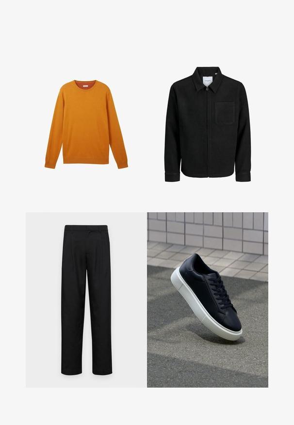 Chaqueta negra con cremallera y cuello, con un solo bolsillo en el pecho, expuesta sobre un fondo blanco.; Suéter de manga larga naranja con cuello redondo, puños y dobladillo acanalados, textura suave y un pequeño logo en el pecho. Tejido de punto ligero.; Pantalones negros de tela suave, con un diseño de pierna recta, dos pliegues frontales y una cintura estándar con trabillas para el cinturón.; Zapatilla de cuero negro con punta redonda y suela de goma blanca. Presenta cordones planos y un mínimo de costuras en la parte superior. Suela texturizada para proporcionar agarre.