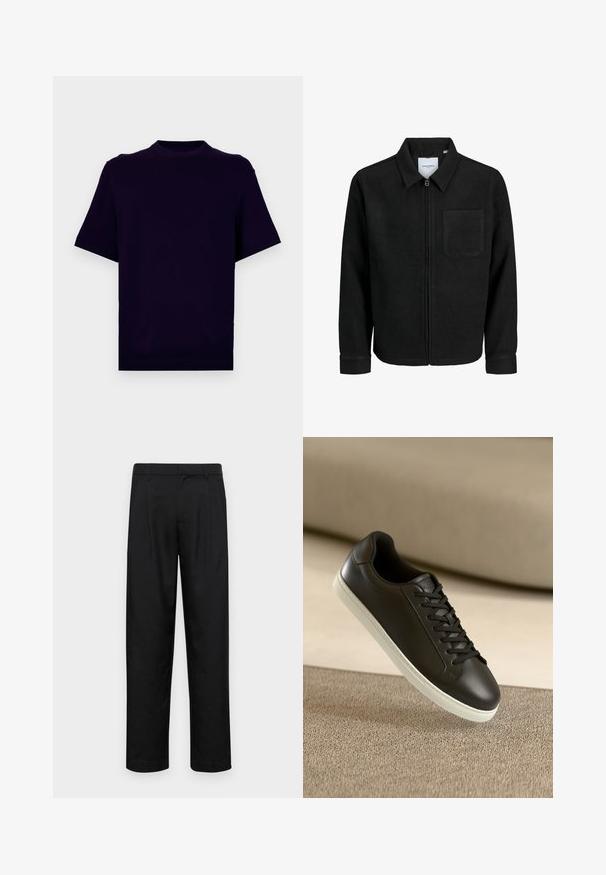 Fekete, zipzáros dzseki gallérral és egyetlen mellzsebbel, fehér háttéren.; Rövid ujjú T-shirt sötétlila színben, puha anyagból készült. Kerek nyakkivágású, és bordás díszítéssel rendelkezik az alján és az ujjak szélein.; Fekete nadrág sima anyagból, egyenes szárú fazonnal, két elülső redővel és közönséges derékkal, övhurkokkal.; Fekete bőr sportcipő fehér gumitalppal és fekete fűzőkkel, bézs szövetfelületen és háttérben elhelyezve.