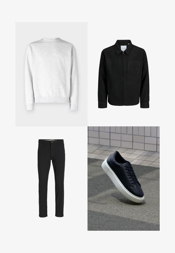Černá zipová bunda s límečkem a jednou kapsou na hrudi, vystavená na bílém pozadí.; Svetle šedá mikina s kulatým výstřihem vyrobená z měkkého fleecu, s pružnými manžetami a lemem, s hladkým texturovaným povrchem.; Černé kalhoty z bavlněné směsi s úzkým střihem, s knoflíkovým zapínáním, kapsami a ohrnutými manžetami pro uvolněný vzhled.; Černé kožené tenisky s kulatou špičkou a bílou gumovou podrážkou. mají ploché tkaničky a minimální šití na svršku. Texturovaná podrážka pro lepší přilnavost.