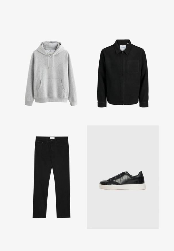 Fekete, zipzáros dzseki gallérral és egyetlen mellzsebbel, fehér háttéren.; Szürke pamut kapucnis pulóver elülső zsebbel, állítható húzózsinórral a kapucnin, bordázott mandzsettákkal és aljjal. Sima textúra, minimalista dizájn, minták nélkül.; Fekete egyenes szárú farmernadrág, öt zsebes dizájnnal, gombos és cipzáras záródással, valamint Pier One márka címkével a derékrészen.; Fekete sportcipő, amely texturált krokodilbőr felsőrésszel, kerek orral és sima felületű, kontrasztos fehér gumitalppal rendelkezik.