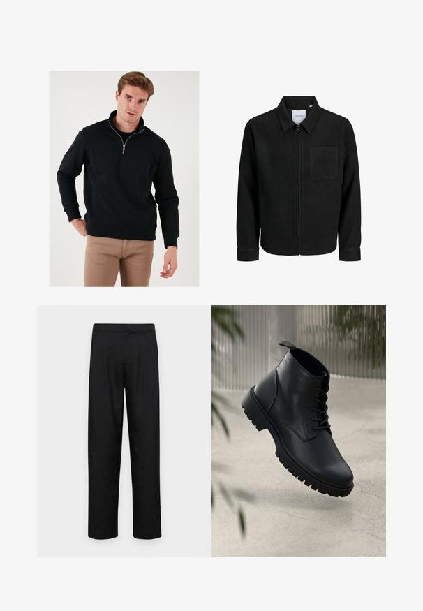Crna jakna na zip s ovratnikom i jednim džepom na prsima, prikazana na bijeloj pozadini.; Crna dukserica na zatvaranje s visokim ovratnikom, dugim rukavima i opuštenim krojem. Izrađena od mekane tkanine s rebrastim manžetama i rubom.; Crne hlače od glatkog materijala, s dizajnom ravnih nogavica, dva prednja nabora i standardnim pojasom s petljama za remen.; Crne kožne čizme do gležnja s округлим prstima, čipkastim dizajnom i robusnim gumenim đonom. Glatka tekstura s trakicom na stražnjoj strani.