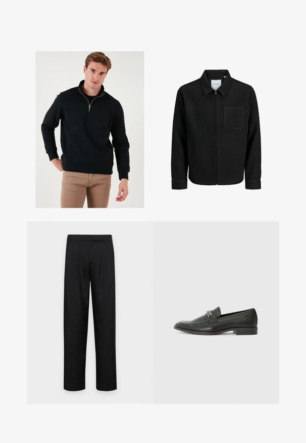 Mustaga lukuga jakker, millel on krae ja üks rinna-tasku, esitatud valgel taustal.; Musthave musta tõmbega sviiter kõrge kaelusega, pikad varrukad ja vabalt istuv lõige. Valmistatud pehmest kangast, millel on soonikuga varrukaotsad ja alumine äär.; Mustad mustadest riietest, millel on sirge jalgade disain, kaks eesmist voltimist ja tavaline vöökoht, millel on vöökohad.; Must haveate nahkking punased, millel on sile viimistlus, tikitud muster ja dekoratiivne metallkett vampi üle. Tasane konts.