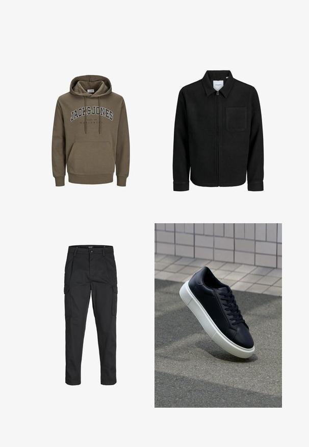 Veste zippée noire avec col et poche poitrine unique, présentée sur fond blanc.; Sweat à capuche vert olive avec cordon de serrage, poche kangourou, poignets et ourlet côtelés, comportant "JACK & JONES" et "EST. 90 WORLDWIDE" imprimés sur le devant.; Pantalons cargo noirs en tissu résistant, dotés de plusieurs poches, d'une fermeture par bouton et d'une coupe slim avec des jambes fuselées.; Baskets noires en cuir avec bout arrondi et semelle en caoutchouc blanc. Elles présentent des lacets plats et une couture minimale sur la tige. Semelle texturée pour une bonne adhérence.