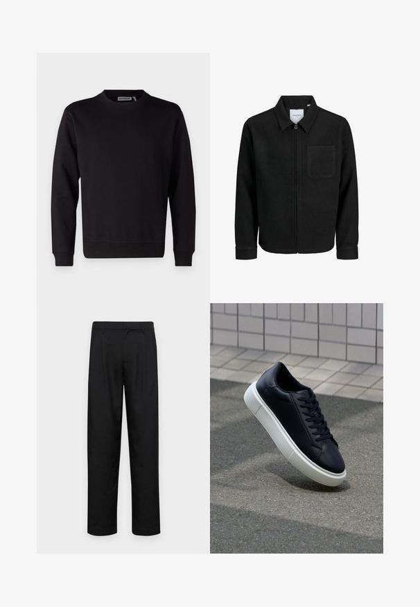 Black zip-up jacket with collar and single chest pocket, displayed on white background.; Black sweatshirt made of smooth cotton blend, featuring a crew neck, long sleeves, and ribbed cuffs and hem. No patterns or accents visible.; Black trousers made of smooth fabric, featuring a straight-leg design, two front pleats, and standard waistband with belt loops.; Black leather sneaker with rounded toe and white rubber sole. Features flat laces and minimal stitching on the upper. Textured sole for grip.