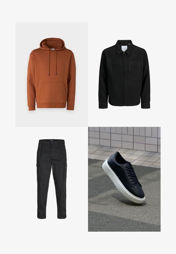 Black zip-up jacket with collar and single chest pocket, displayed on white background.; Jack & Jones JJEBRADLEY - Sweatshirt - mocha bisque; Black cargo pants made of sturdy fabric, featuring multiple pockets, a button closure, and a slim fit design with tapered legs.; Black leather sneaker with rounded toe and white rubber sole. Features flat laces and minimal stitching on the upper. Textured sole for grip.