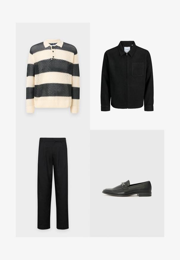 Fekete, zipzáros dzseki gallérral és egyetlen mellzsebbel, fehér háttéren.; Kötött pulóver, váltakozó nagy sötétkék és krém csíkokkal, póló gallérral és három gombból álló gombolással. Texturált hálós anyag.; Fekete nadrág sima anyagból, egyenes szárú fazonnal, két elülső redővel és közönséges derékkal, övhurkokkal.; Fekete bőr loaferek sima felülettel, varrott mintával és díszítő fém lánccal a cipő elején. Lapos sarok.
