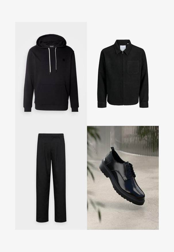 Chaqueta negra con cremallera y cuello, con un solo bolsillo en el pecho, expuesta sobre un fondo blanco.; Sudadera negra de tejido suave con un bolsillo tipo canguro en el frente, capucha con cordón y pequeño parche negro en el pecho.; Pantalones negros de tela suave, con un diseño de pierna recta, dos pliegues frontales y una cintura estándar con trabillas para el cinturón.; Zapato de cuero negro con un acabado brillante, puntera redonda, diseño de cordones, costuras de contraste y una suela de goma gruesa con patrones de tracción.