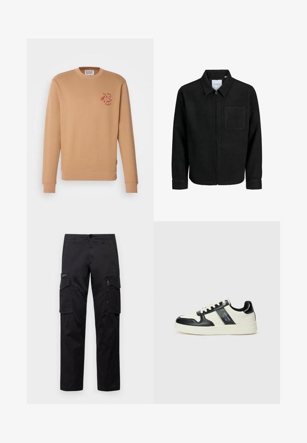 Mustaga lukuga jakker, millel on krae ja üks rinna-tasku, esitatud valgel taustal.; Beige värvusega ümar kaelusega sviiter, mis on valmistatud pehmest puuvillast materjalist. Omab väikest punast logo vasakul rinnal ning soonikuga varrukaid ja alläänt.; Mustad mustree püksid, millel on mitu taskut, lukuulukuga tasku reie peal, sirge lõige ja tugevast puuvillast materjal, millel on kerge läige.; Nahatud nahkkingad musta ja kreemi värviskeemiga, millel on perforeeritud aktsendid, pehme krae ja tekstureeritud tallad.