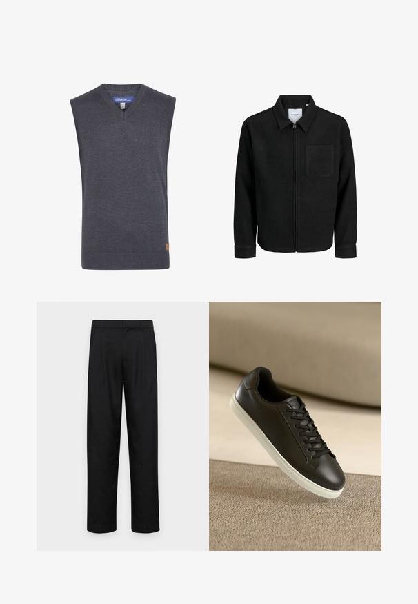 Black zip-up jacket with collar and single chest pocket, displayed on white background.; Gray sleeveless sweater with a v-neck, made of a smooth knit fabric. Features a ribbed hem and a small logo patch on the side.; Black trousers made of smooth fabric, featuring a straight-leg design, two front pleats, and standard waistband with belt loops.; Black leather sneaker with white rubber sole and black laces, positioned against a beige fabric surface and background.