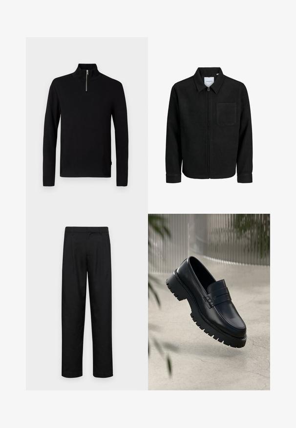 Sort lynlåsjakke med krave og en enkelt brystlomme, vist på hvid baggrund.; Sort langærmet sweater med høj krave og en kort sølv lynlås i midten foran.; Sorte bukser lavet af glat stof, med et lige ben-design, to frontfolder og en standard talje med bæltestropper.; Sorte læder loafers med en chunky sål, der har en dekorativ rem og syninger. Glat tekstur med en poleret overflade.