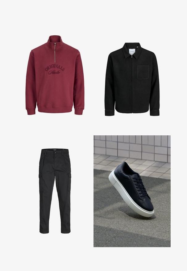 Mustaga lukuga jakker, millel on krae ja üks rinna-tasku, esitatud valgel taustal.; Burgundia värvi tõmblukuga sviiter, millel on kõrge krae, soonikkoes mansetid ja tikandiga "Originals Studio" tekst esiküljel. Pehme, tekstuuriga kangas.; Mustad mustapõlvik, mis on valmistatud tugeva koe kasutades, sisaldab mitmeid taskuid, nupule kinnitatav sulgemine ja kitsenev disain.; Mustast nahast tennisetoss, millel on ümar nina ja valge kummist tall. Omab siredaid paelu ja minimaalset õmblemist ülemises osas. Tekstuuriga tald, mis tagab haakuvuse.