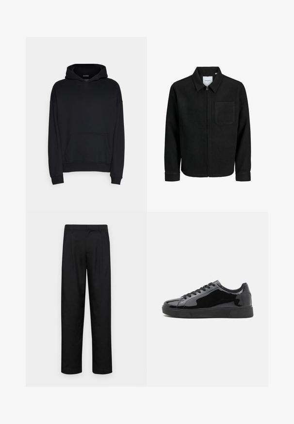 Mustaga lukuga jakker, millel on krae ja üks rinna-tasku, esitatud valgel taustal.; Musthave musternest, miselõngadest valmistatud must kapuuts. Omab ruumikat esitaskut, soonikuid varrukaid ja nööriga kapuutsi. Sile tekstuur.; Mustad mustadest riietest, millel on sirge jalgade disain, kaks eesmist voltimist ja tavaline vöökoht, millel on vöökohad.; Mustad musta ähkme nahast tossud ümmarguse varvastega, lame kummist tallaga ja mustade paeltega. Ülemise pinna sile ja läikiv tekstuur.