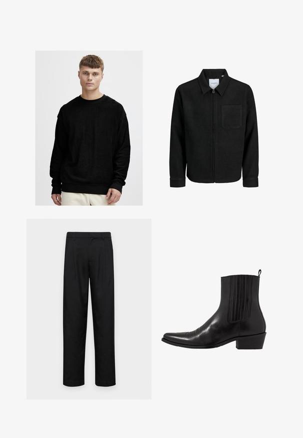 Giacca nera con zip, colletto e una tasca sul petto, mostrata su sfondo bianco.; Felpa nera a maniche lunghe in morbido tessuto testurizzato. Presenta un collo a giro e polsini e orlo a coste neri a contrasto.; Pantaloni neri realizzati in tessuto liscio, caratterizzati da un taglio dritto, due pieghe frontali e una vita standard con passanti per la cintura.; Stivale alla caviglia in pelle nera con punta affusolata, pannelli laterali elasticizzati, accenti di cuciture verticali e tacco a blocco basso.