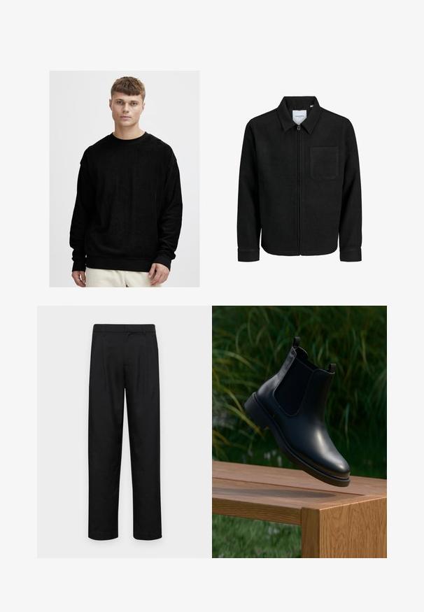 Mustaga lukuga jakker, millel on krae ja üks rinna-tasku, esitatud valgel taustal.; Mustmust mustriided pusa pehmete struktuurse kangaga. Omab ümarat kaelust ning kontrastseid musti soonikkoes käe- ja allääriseid.; Mustad mustadest riietest, millel on sirge jalgade disain, kaks eesmist voltimist ja tavaline vöökoht, millel on vöökohad.; Mustmustest musta saapad elastsete külgpaneelidega hõljumas puidust pingil, rohelise lehestiku taustal.