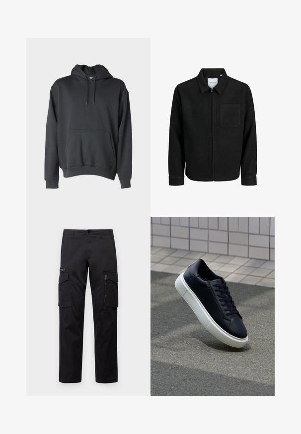 Melna jaka ar rāvējslēdzēju un apkakli, vienu krūšu kabatu, parādīta uz baltas fona.; Tumši pelēks sporta krekls, izgatavots no mīkstas auduma, ar priekšējo kabatu, auklām uz kapuces un ribotām piedurknēm un apakšmalu.; Melnas cargo bikses ar vairākiem kabatām, ar rāvējslēdzēju kabatu uz augšstilba, taisnu piegriezumu un izturīgu kokvilnas audumu ar vieglu spīdumu.; Melnas ādas kedas ar noapaļotu pirkstu un baltu gumijas zoli. Iespējas - plakanas šņorītes un minimāla apdare augšdaļā. Struktūrēta zole, lai nodrošinātu saķeri.