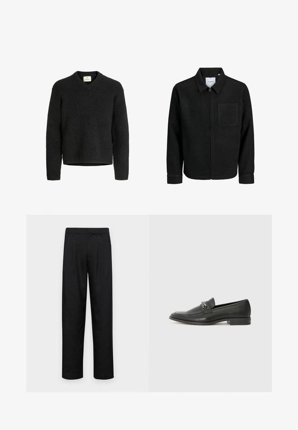 Schwarze Zip-Jacke mit Kragen und einer einzelnen Brusttasche, auf weißem Hintergrund präsentiert.; Schwarzer Strickpullover mit V-Ausschnitt, gerippter Textur, langen Ärmeln und geradem Saum. Hergestellt aus einem weichen, dicken Material.; Schwarze Hose aus glattem Stoff, mit geradem Bein Design, zwei vorderen Falten und einem Standardbund mit Gürtelschlaufen.; Schwarzer Lederloafer mit glatter Oberfläche, ausgestattet mit einer gesteppten Gestaltung und einem dekorativen Metallkettendetail über dem Vorderblatt. Flacher Absatz.