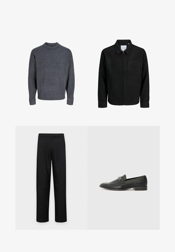 Giacca nera con zip, colletto e una tasca sul petto, mostrata su sfondo bianco.; Maglione grigio realizzato in morbido tessuto, con un collo a girocollo e polsini a coste, caratterizzato da un design semplice e classico e una superficie текстurizzata.; Pantaloni neri realizzati in tessuto liscio, caratterizzati da un taglio dritto, due pieghe frontali e una vita standard con passanti per la cintura.; Mocassino in pelle nera con finitura liscia, caratterizzato da un design cucito e da un accento decorativo in catena metallica sul vamp. Tacco piatto.