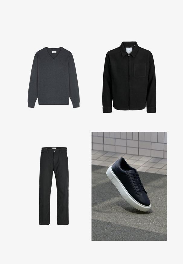 Veste zippée noire avec col et poche poitrine unique, présentée sur fond blanc.; Scalpers V NECK - Pullover - greyish blue; Pantalons noirs en tissu durable, présentant un design à jambe droite, des accents cousus et deux poches avant pour la fonctionnalité.; Baskets noires en cuir avec bout arrondi et semelle en caoutchouc blanc. Elles présentent des lacets plats et une couture minimale sur la tige. Semelle texturée pour une bonne adhérence.