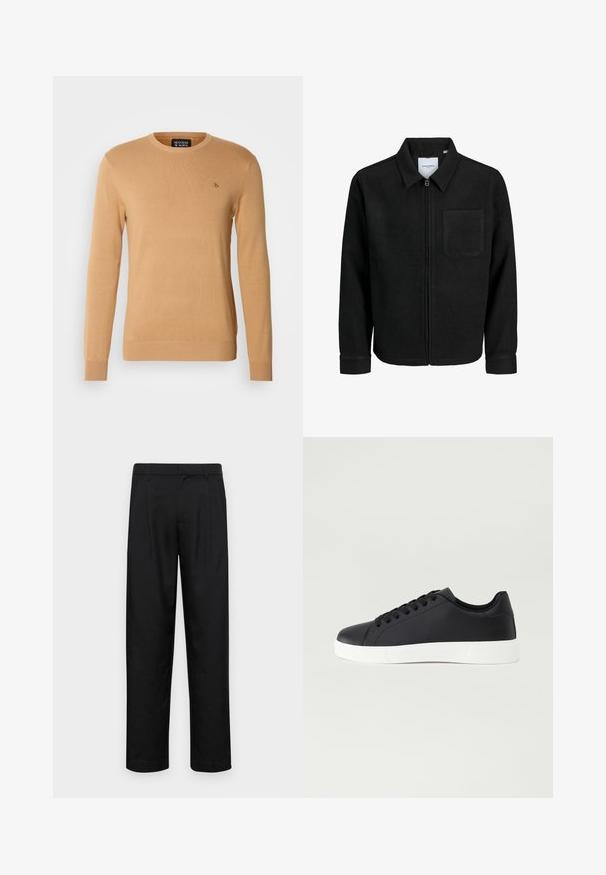 Zwarte zip-up jas met kraag en enkele borstzak, weergegeven op een witte achtergrond.; Beige crewneck trui gemaakt van zacht breimateriaal, met lange mouwen en een klein logo geborduurd op de borst.; Zwarte broeken van gladde stof, met een recht model, twee voorknikken en een standaard tailleband met riemlussen.; Pier One Sneakers laag - black