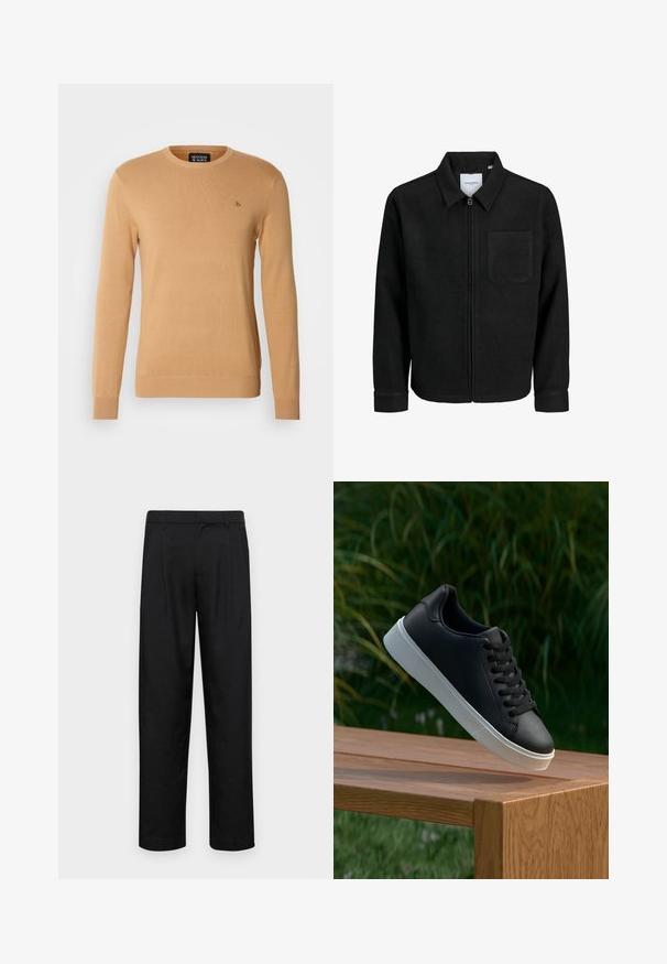 Czarna kurtka z zamkiem na całej długości, z kołnierzem i jedną kieszenią na piersi, umieszczona na białym tle.; Beżowy sweter z okrągłym dekoltem, wykonany z miękkiego materiału dzianinowego, z długimi rękawami i małym logo haftowanym na piersi.; Czarne spodnie wykonane z gładkiego materiału, z prostą nogawką, dwoma fałdami z przodu oraz standardowym paskiem z wypustkami na pasek.; Pier One - Sneakersy niskie