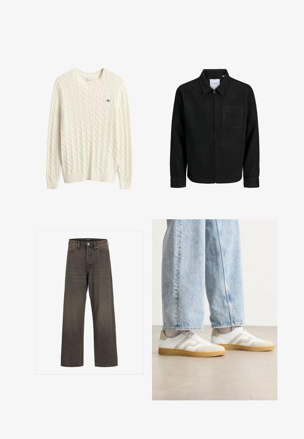 Juodas džemperis su užtrauktuku, apykakle ir vienu krūtiniu kišenėje, pristatytas baltame fone.; Kreminės spalvos megztinis su pynimo raštu, su ribbiniu apvaliu kaklu ir apačia. Mažas mėlynas logotipas išsiuvinėtas ant krūtinės. Minkšta, tekstūruota medžiaga.; Plati kojinės džinsai tamsiai pilkos spalvos džinsinio audinio, su aukštu liemeniu, klasikinio penkių kišenių dizainu ir kontrastinga siuvimo linija siūlėse.; Baltos sportbačiai su smėlio spalvos zomšos akcentais ir šviesiais gumos padais; turi žemą dizainą ir tekstūruotą apdailą viršuje.