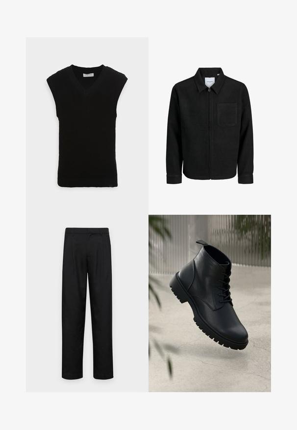 Crna jakna na zip s ovratnikom i jednim džepom na prsima, prikazana na bijeloj pozadini.; Crna bezrukavna pletena prsluk s V-izrezom i rebrastom teksturom, s glatkim rubom i bez dodatnih ukrasa.; Crne hlače od glatkog materijala, s dizajnom ravnih nogavica, dva prednja nabora i standardnim pojasom s petljama za remen.; Crne kožne čizme do gležnja s округлим prstima, čipkastim dizajnom i robusnim gumenim đonom. Glatka tekstura s trakicom na stražnjoj strani.