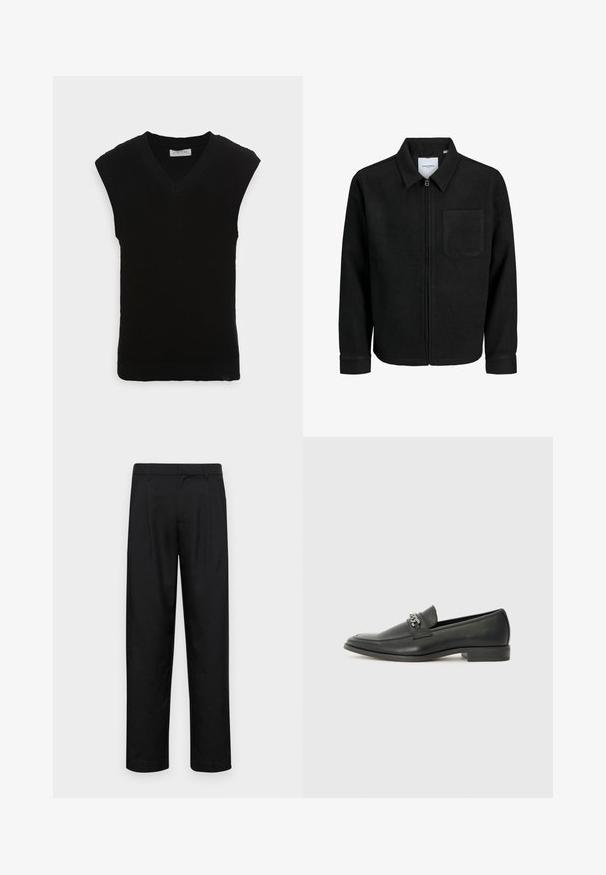 Schwarze Zip-Jacke mit Kragen und einer einzelnen Brusttasche, auf weißem Hintergrund präsentiert.; Schwarze ärmellose Strickweste mit V-Ausschnitt und geripptem Muster, mit einem glatten Saum und ohne zusätzliche Verzierungen.; Schwarze Hose aus glattem Stoff, mit geradem Bein Design, zwei vorderen Falten und einem Standardbund mit Gürtelschlaufen.; Schwarzer Lederloafer mit glatter Oberfläche, ausgestattet mit einer gesteppten Gestaltung und einem dekorativen Metallkettendetail über dem Vorderblatt. Flacher Absatz.