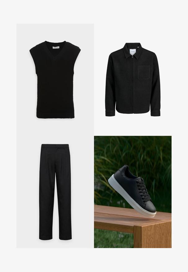 Schwarze Zip-Jacke mit Kragen und einer einzelnen Brusttasche, auf weißem Hintergrund präsentiert.; Schwarze ärmellose Strickweste mit V-Ausschnitt und geripptem Muster, mit einem glatten Saum und ohne zusätzliche Verzierungen.; Schwarze Hose aus glattem Stoff, mit geradem Bein Design, zwei vorderen Falten und einem Standardbund mit Gürtelschlaufen.; Schwarze Leder-Sneaker mit glatter Oberfläche, weißer Gummisohle und sechs Ösen für Schnürsenkel, auf einer Holzfläche präsentiert.